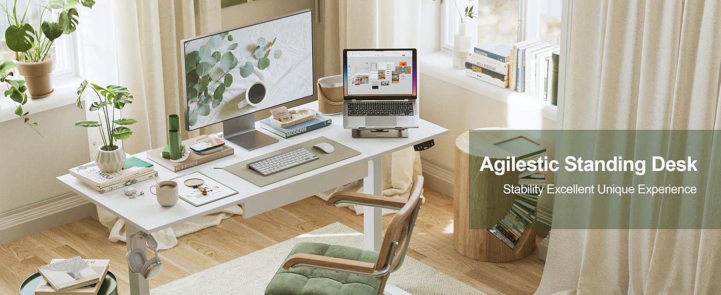 Електричний стоячий стіл Agilestic з ящиком, регульована висота, ергономічний стіл 120 x 60 см, з пам'яттю налаштувань, для офісу та дому, колір білий
