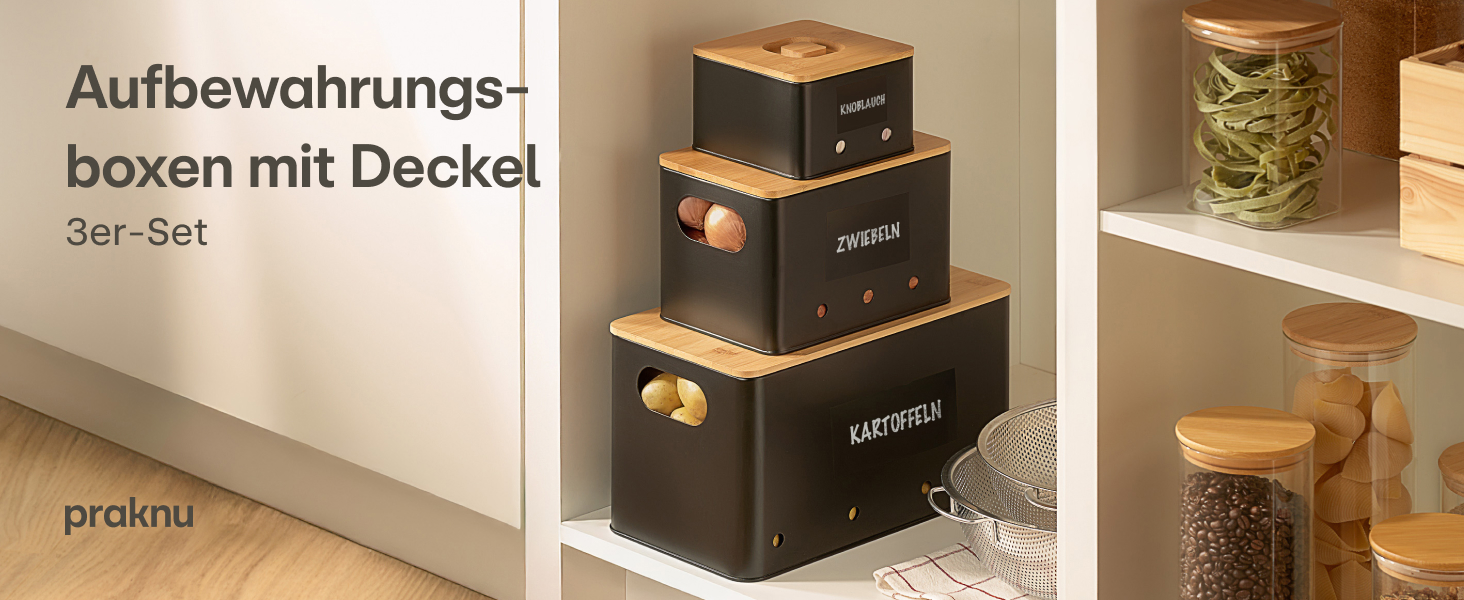 Набір контейнерів для зберігання картоплі, цибулі та часнику Praknu - 3 шт. з бамбуковими кришками, вентиляційні отвори, з етикетками та ручкою
