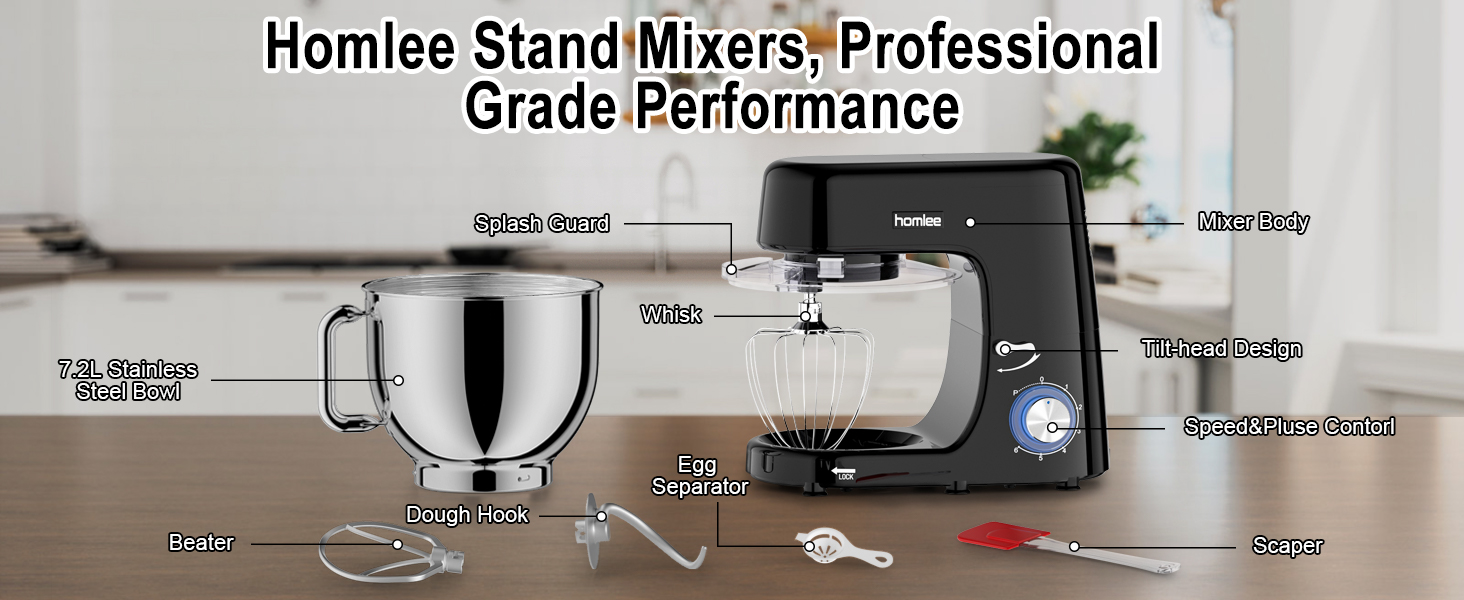 Потужна кухонна машина 1800W з великою чашею 7.2 л з нержавіючої сталі, міксер, насадки для тіста, збивання та взбивання