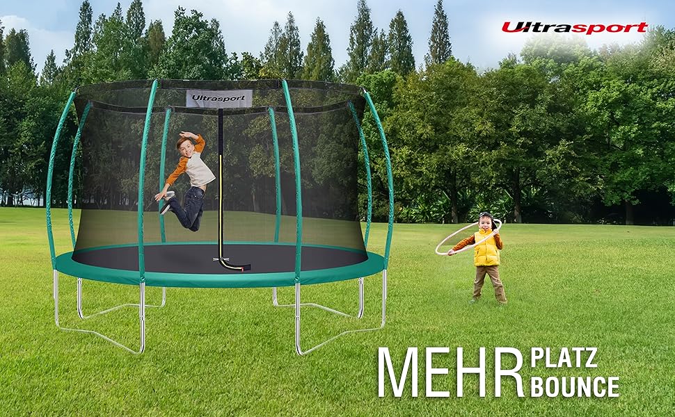 Дитячий садовий батут Ultrasport Deluxe з захисною сіткою, драбиною та захисним бортом, навантаження до 150 кг, Ø 244/305/366/460 см