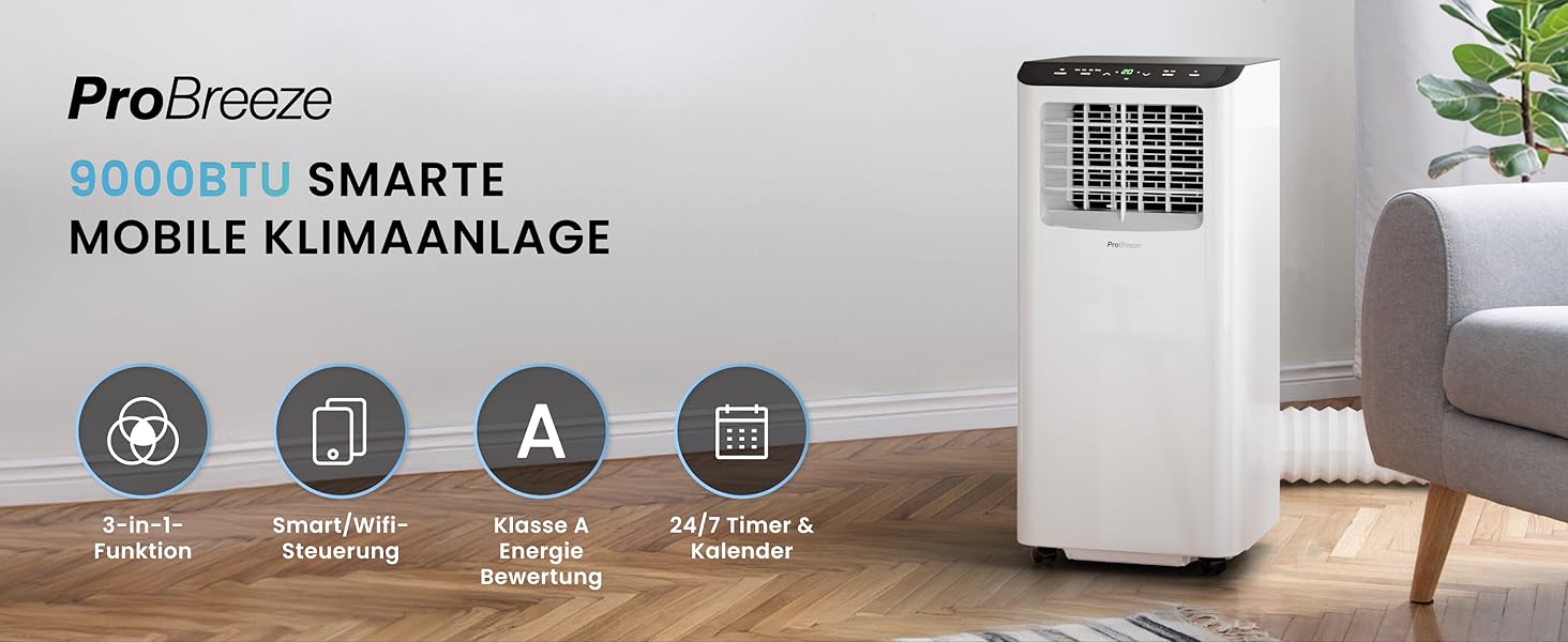 Мобільний кондиціонер Pro Breeze 9000 BTU 4-в-1: охолодження, вентиляція, осушення, нічний режим. Клас енергоефективності A, пульт, таймер 24 год, управління зі смартфона