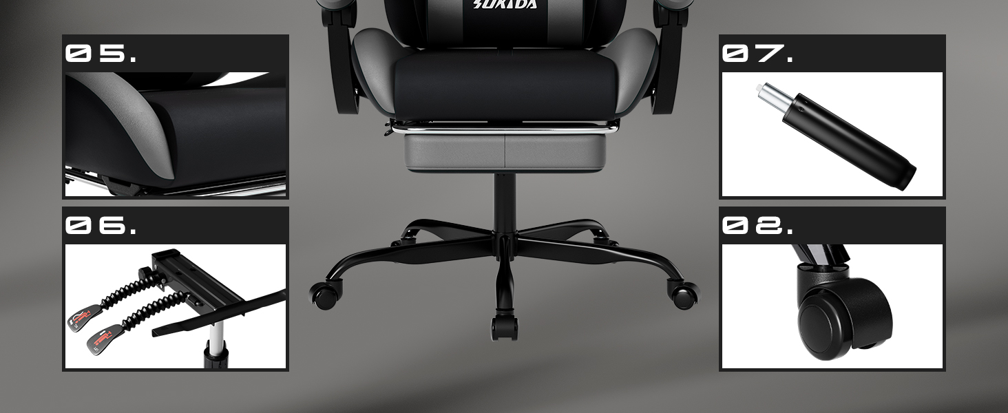 Ігровий крісло SUKIDA з підніжкою, ергономічний, для геймінгу та офісу, сірий