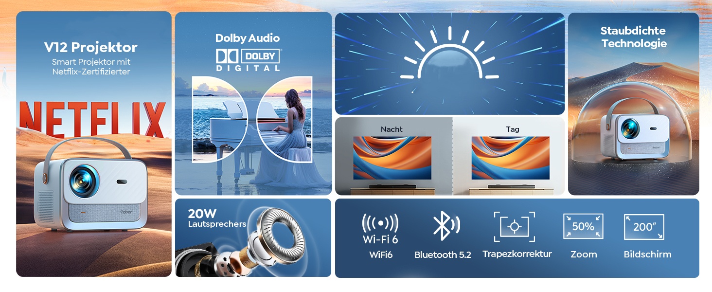 YABER V12 проєктор 4K: Full HD, WiFi6, Bluetooth 5.2, автофокус, 20W Dolby, для дому та на відкритому повітрі