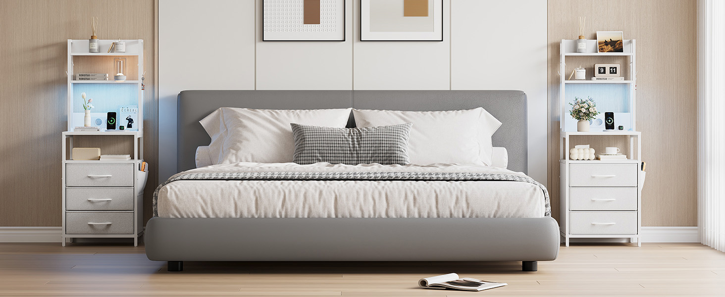 Нічний столик з підзарядкою та LED, бічний столик з 3 висувними ящиками з тканини, тумбочка з полицею для книг, відкрите відділення, 2 розетки AC, USB та Type C порти, для спальні, вітальні, офісу (40x30x60 см, Білий, 1)