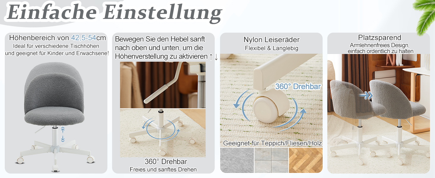 Офісний стілець Bonnlo з роликами, стілець до туалетного столика, регульований по висоті, для робочого кабінету, спальні, home office, з м'якої тканини Teddy, білий (сірий)