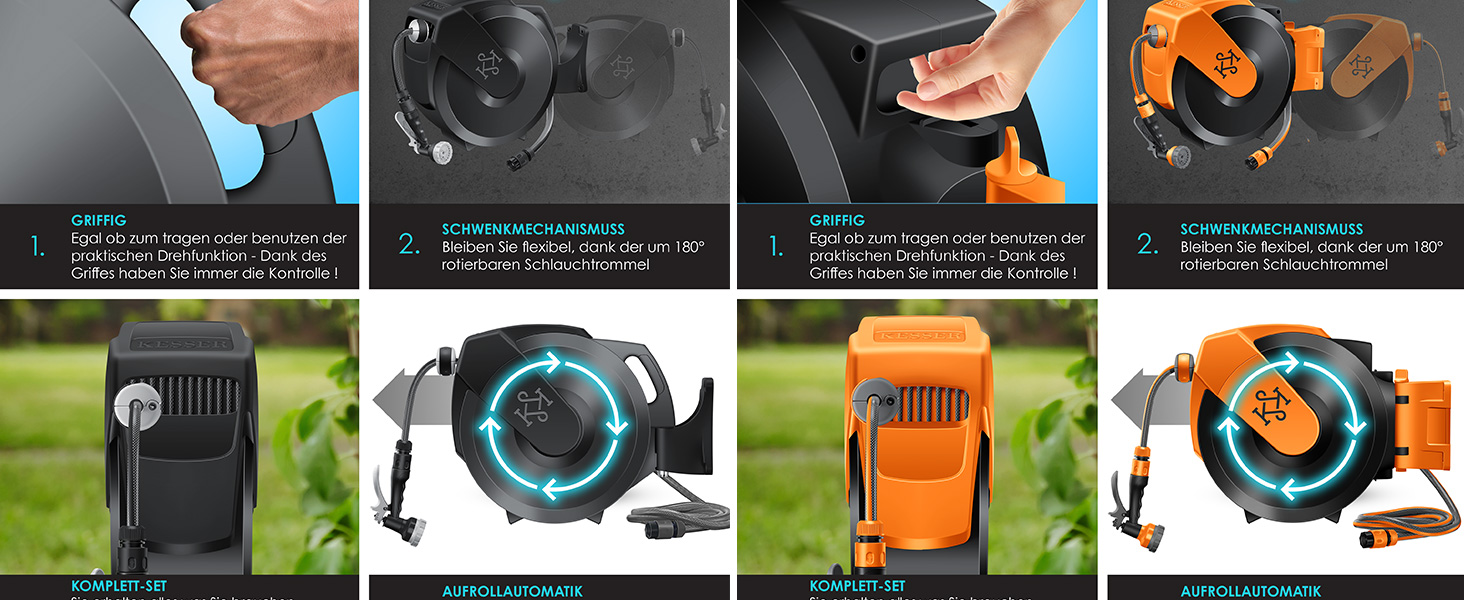 Шланг для саду KESSER® 35м з автоматичним підйомом | Шланг для поливу з тримачем для стіни | Водопровідна коробка для стіни з ручною лійкою 7-функцій | Антрацит/Чорний
