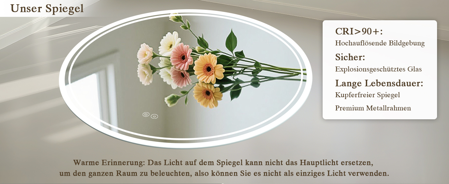 Дзеркало для ванної кімнати з підсвічуванням LED, кругле 50см, сенсорне керування, регулювання яскравості, функція пам'яті, дзеркало з HD склом, захист від вибуху, антизапотівальне покриття, 3 кольори світла, 70x70 см