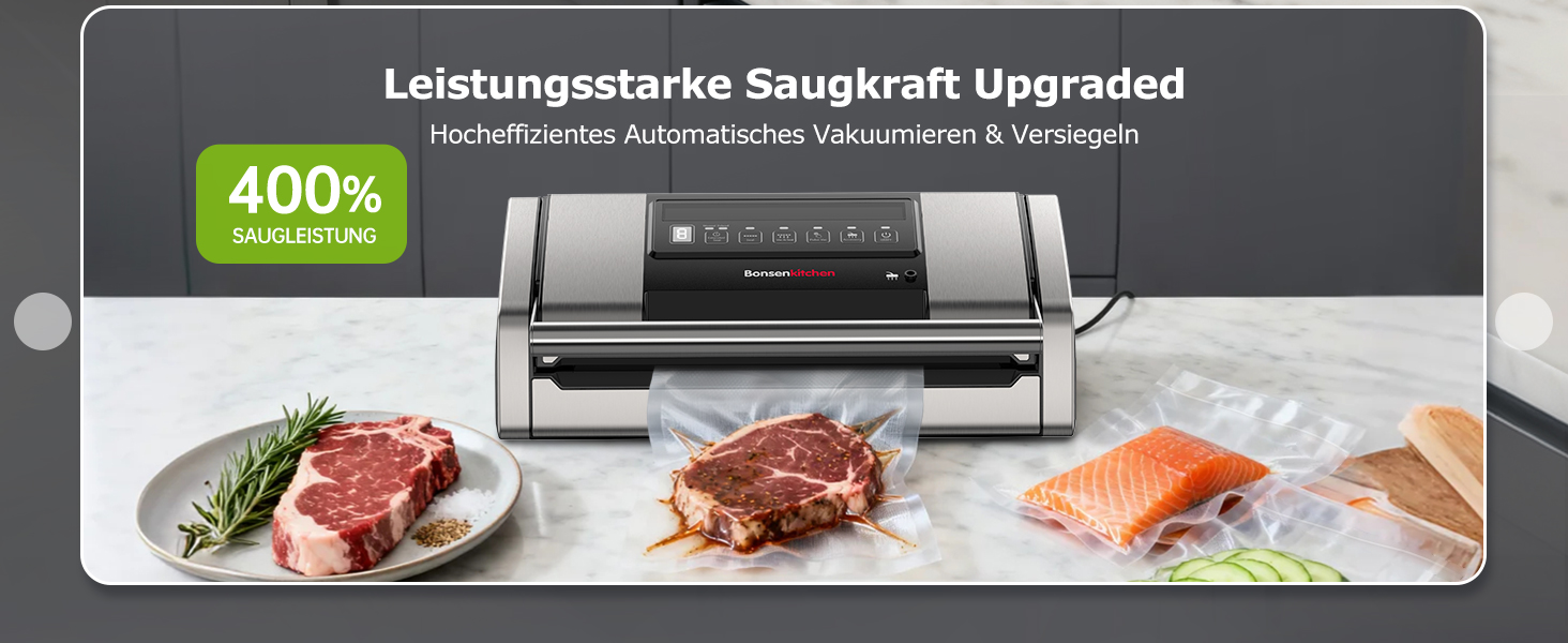 Вакууматор Bonsenkitchen VS5100 для Sous-Vide, 15 л/хв, з вбудованим різаком та кліпсою для пакетів, сріблястий