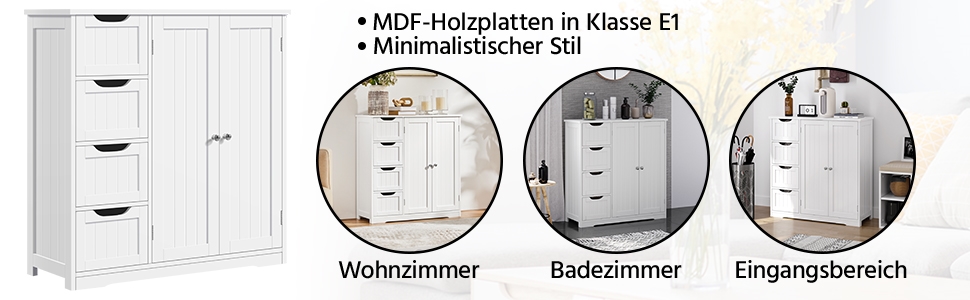 Шафа для ванної кімнати Yaheetech з 4 висувними ящиками та 2 дверцятами, тумбочка для ванної кімнати, шафа для підлоги, з регульованою полицею, для ванної кімнати, вітальні, коридору, кухні, білий, 81 × 30 × 83 см