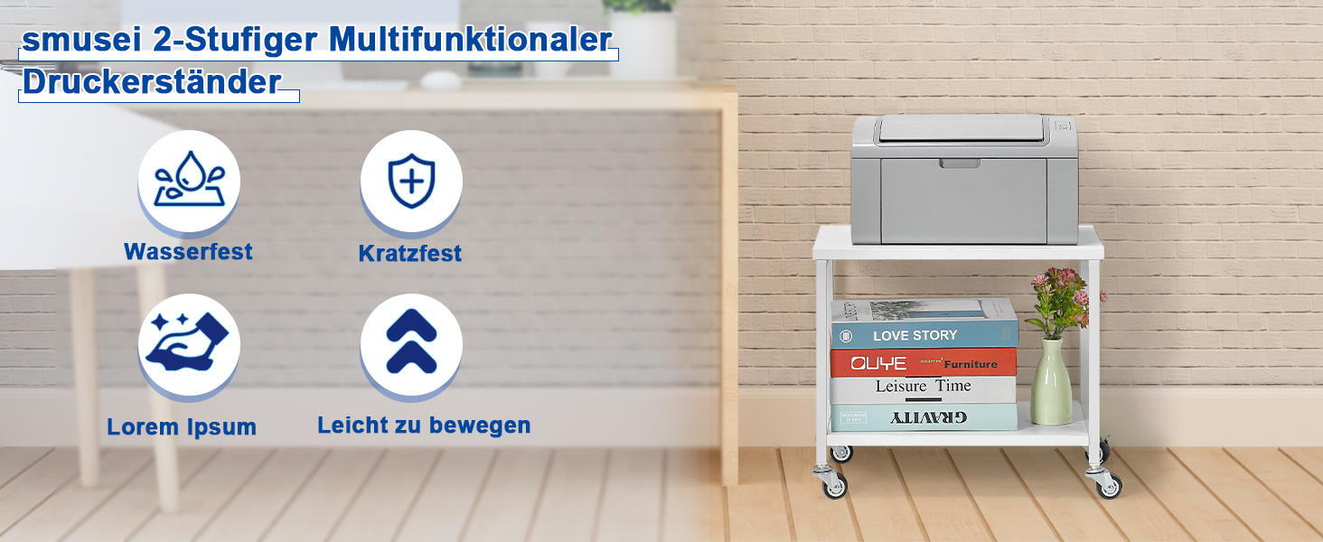 Підставка для принтера Smusei біла, 2-рівнева, з роликами, 42 x 30 x 35 см | Підставка для офісу та дому