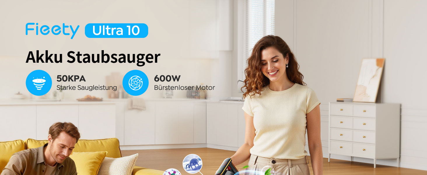 Акумуляторний пилосос Fieety 600W/50kPa, 65хв, з турбощіткою для шерсті, насадкою для авто, док-станція, 8-шарова фільтрація, тихий