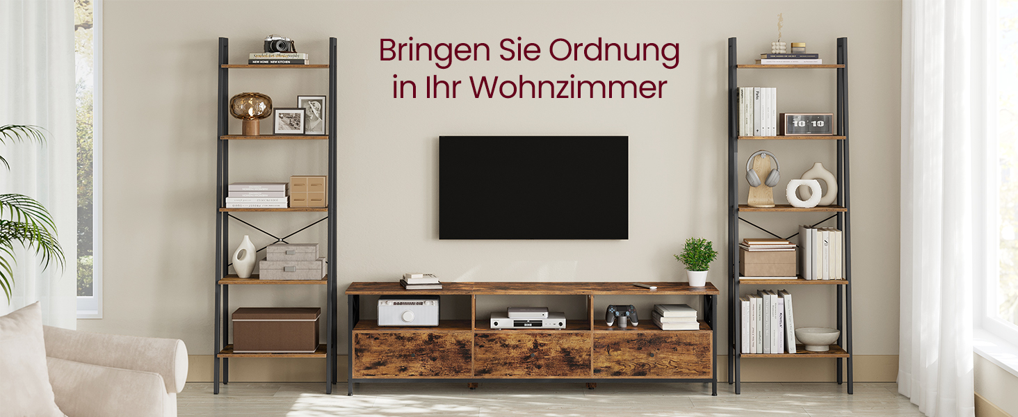 Тумба під телевізор VASAGLE до 80 дюймів, низька, з 3 шухлядами та 3 відкритими полицями, вітальня, металевий каркас, коричнево-чорний, 178x40x50 см