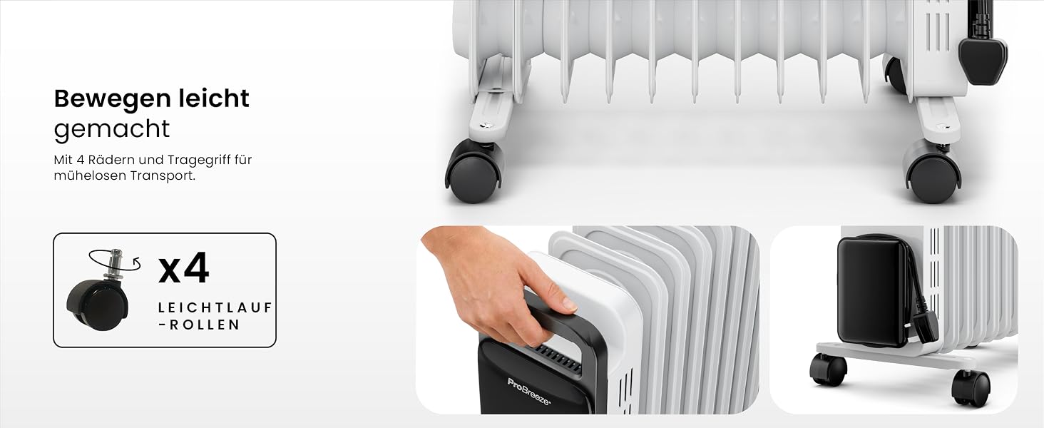 Розумний електричний масляний радіатор Pro Breeze 2500W, 11 секцій, керування через WLAN/App, з термостатом, таймером на 24г та сенсорним дисплеєм, білий
