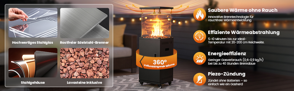 Газовий обігрівач Sweetcrispy для тераси 11 кВт, чорний. Модель для вулиці, з поворотним підставою та захистом від перекидання. Газовий нагрівач для саду та відпочинку на відкритому повітрі. Працює на пропані/бутані. (Газовий балон не входить у комплект)