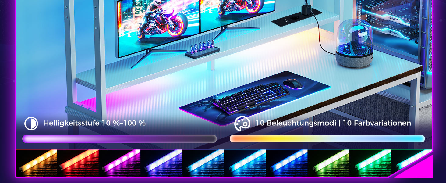 Ігровий стіл Coleshome з полицею та шухлядами, 137x48 см. Стіл для геймінгу з LED-підсвічуванням, розеткою, місцями для зберігання та підставкою для монітора. Колір: карбонове волокно.