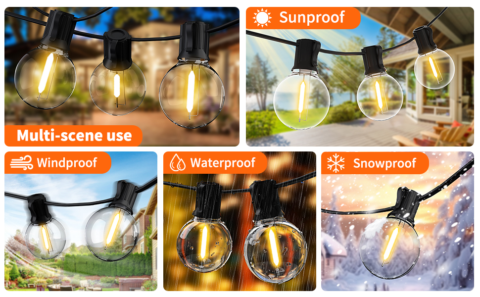 LED гірлянда на батарейках для зовнішнього використання, 10 метрів, 17+1 тепле світло G40, вологостійка IP45, для саду, балкону, тераси