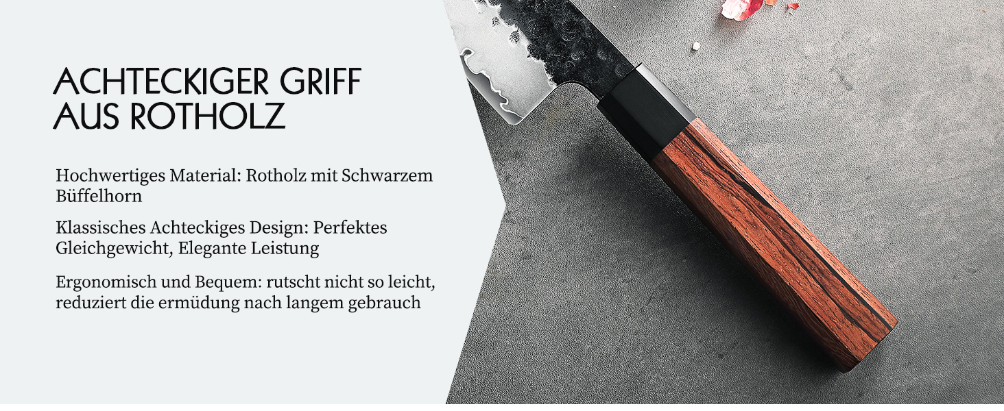 Професійний японський ніж Kiritsuke HEZHEN 21,5 см, кухонний ніж із 3-шарової дамаської сталі з восьмигранною ручкою з червоного дерева та дерев'яним чохлом