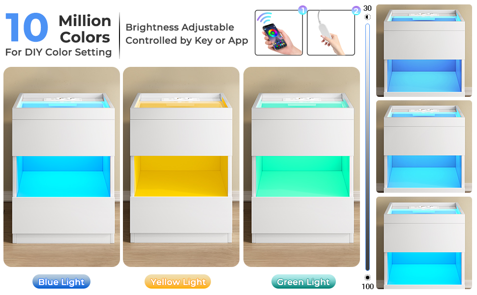 Тумбочка AOGLLATI з док-станцією для зарядки, LED, 2 ящики, порти USB та змінного струму, біла