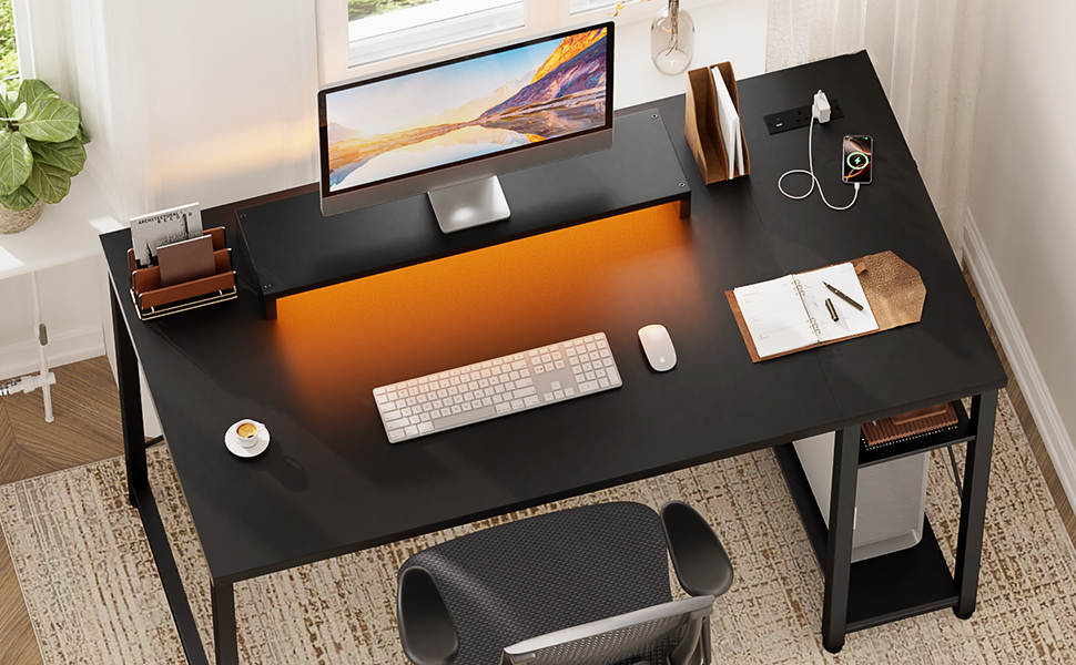 Ігровий стіл з LED підсвічуванням та розетками, стіл для комп'ютера з USB, стіл для ПК з підставкою для монітора, сучасний офісний/письмовий стіл для офісу та ігрової кімнати, чорний