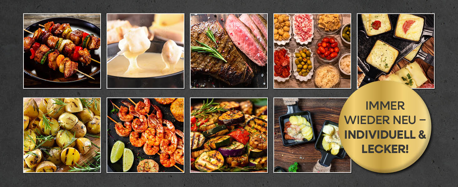 GOURMETmaxx Ракуетка 2-в-1 з Фондю | Набір ракуетки на 8 осіб – ідеальний гриль для вечірок | Ракуетка-фондю комбінація з 8 сковородами, лопатками та виделкою для фондю | Набір ракуетки з фондю на 8 осіб (Ракуетка & Фондю комбі XXL на 12 осіб)