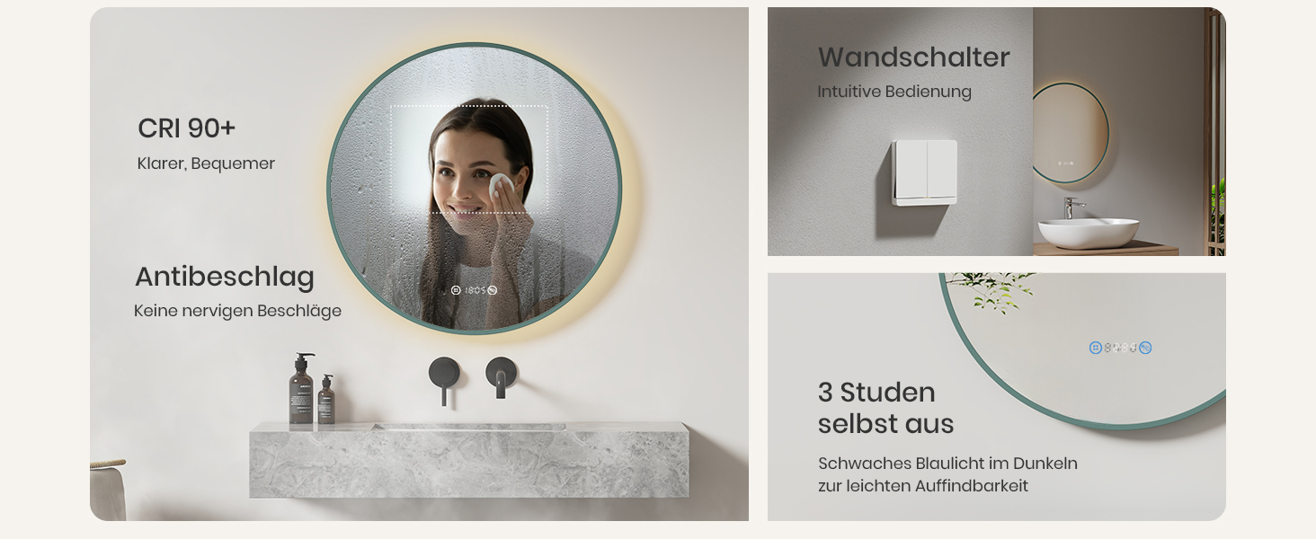 Круглий дзеркало для ванної кімнати EMKE з підсвічуванням 60 см - з антизапарюванням, регулюванням яскравості, годинником, індикатором температури, сенсорним керуванням, функцією пам'яті, енергозберігаючий. Розмір: 80x80 см.