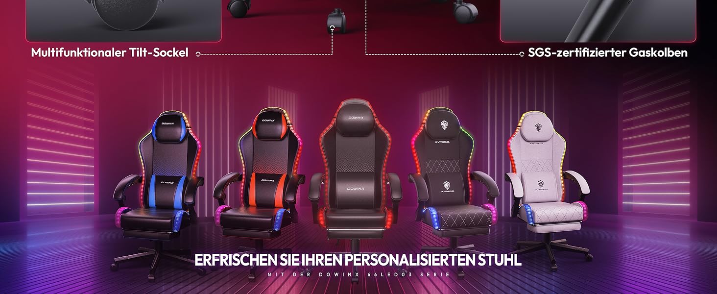 Ігровий крісло Dowinx з RGB підсвічуванням, LED, з підніжкою, для дорослих, ергономічний, з масажем попереку, з PU шкіри, білий