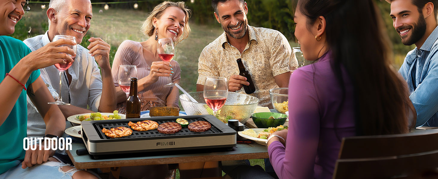 Електричний гриль FIMEI для столу 1800W з антипригарним покриттям, регулюванням температури, для балкону, дому та вулиці, з піддоном для збору жиру (можна мити в посудомийній машині)