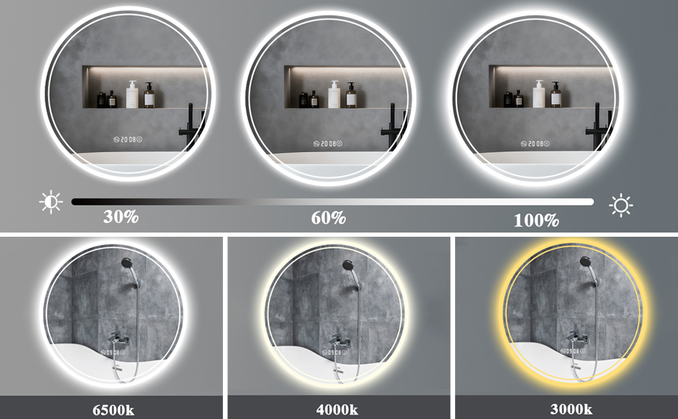 LED дзеркало для ванної кімнати з підсвічуванням 40x60 см - проти запотівання, 3 кольори, регулювання яскравості, подвійний сенсорний вимикач, пам'ять вимкнення, для ванної/туалету - горизонтальний/вертикальний монтаж