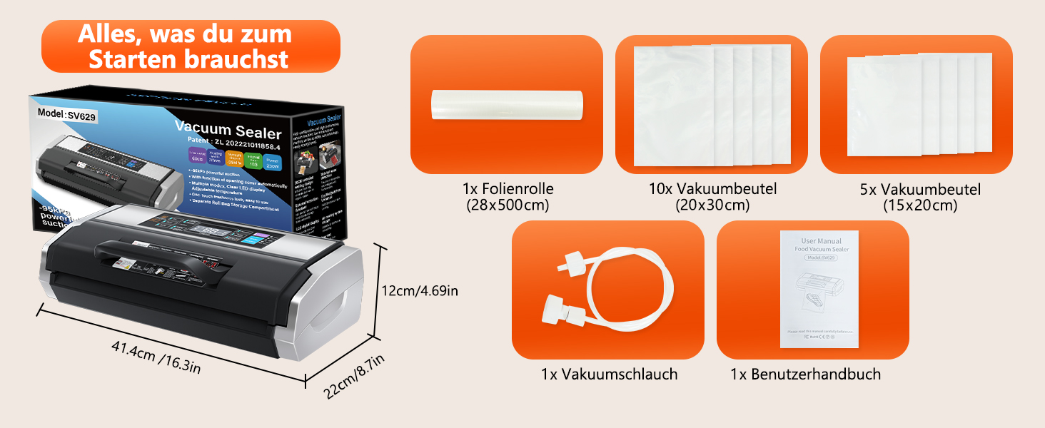 Вакууматор MZROT для продуктів харчування, -95кПа, 230Вт, з подвійним швом, 10 режимів (сухий/вологий), вбудованим різаком, чорно-сріблястий (в комплекті рулон та 15 пакетів)