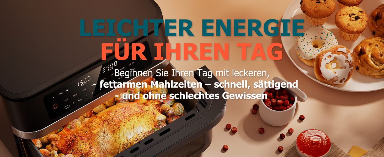 Фритюрниця без олії Heißluftfritteuse Double Stack 12L з подвійними камерами, 10 програм, сенсорний екран, таймер, чорна