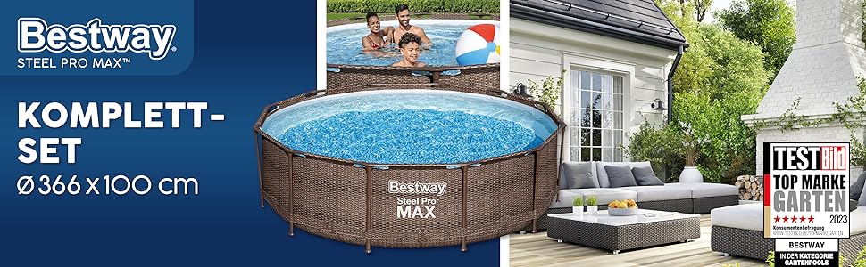 Набір каркасних басейнів Bestway Steel Pro MAX з фільтруючим насосом Ø 366 x 100 см, вигляд ротанга (шоколадно-коричневий), круглий 366 x 100 см одномісний