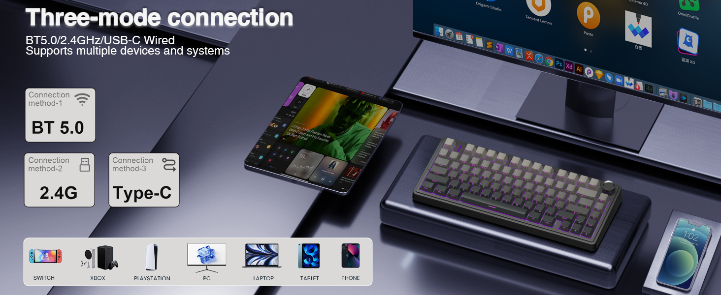 Механічна клавіатура AULA F75 PRO для геймінгу: бездротовий підключення 2.4GHz/BT5.0, Hot-Swap, QWERTY, сірий колір з градієнтом, 75%