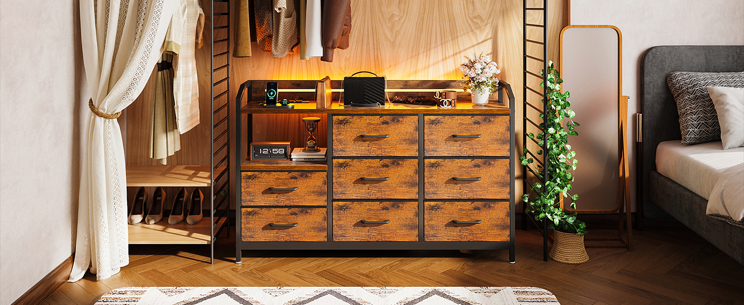 Комод ODK з висувними ящиками та LED-підсвіткою, 10 кольорів, 2 USB та 2 розетки, 8 тканинних ящиків, для вітальні/спальні, 110x30x88 см, вінтажний стиль