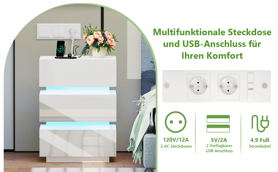 Нічний столик з розеткою та LED, нічний комод з функцією зарядки та USB, 2 висувні ящики (45x35x46/62 см, білий, набір 2 шт.)