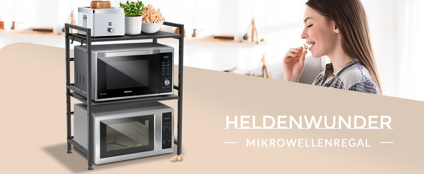 Стелаж для мікрохвильовки та кухні Heldenwunder, сталевий органайзер з 3 полицями, регульована висота та довжина, чорний