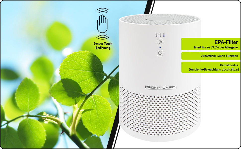 Повітряочисник ProfiCare® PC-LR 3075: для кімнат до 20 м², 2 фільтри, сенсорне керування