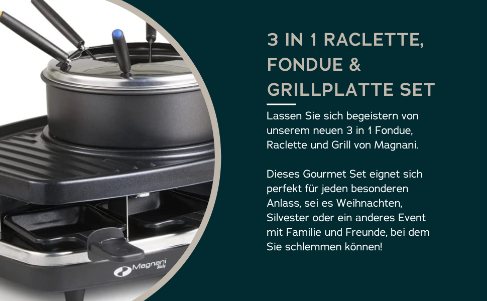 Набір для раклет, фондю та гриль MAGNANI 3 в 1 на 8 осіб з регулюванням температури, виделки та сковорідки, 1100W, антипригарне покриття