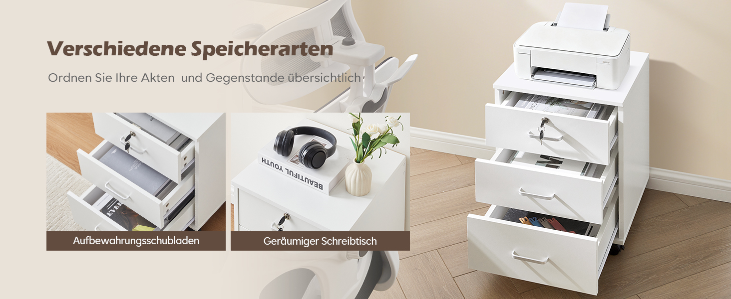 Тумба для документів TUKAILAI на коліщатках, 3 висувні ящики, білий колір, 2 шт.