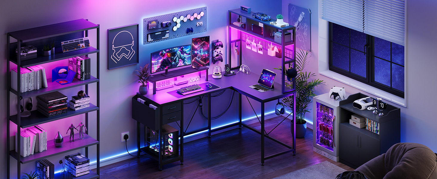 Ігровий кутовий стіл YITAHOME з розетками та LED підсвіткою, 150x100x150 см, чорний - стіл для комп'ютера з полицями та підставкою під монітор для дому/офісу