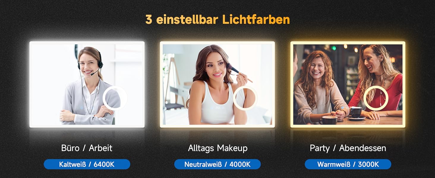 Дзеркало для ванної кімнати SONNI з підсвічуванням 80x60 см, 3 кольори світла, проти запотівання, LED, сенсорне керування, годинник, температура, 3-кратне збільшення