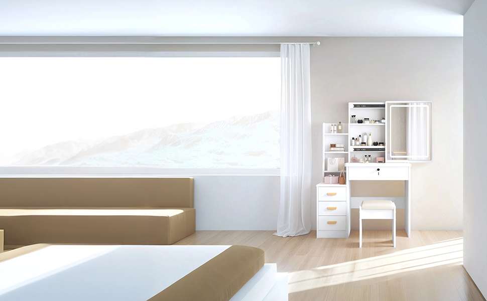 Трюмо YuYe з LED-підсвічуванням, регульованою яскравістю, дзеркалом, пуфом, 5 шухлядами та 3 полицями, сучасний комод для макіяжу з дерева, білий (125)