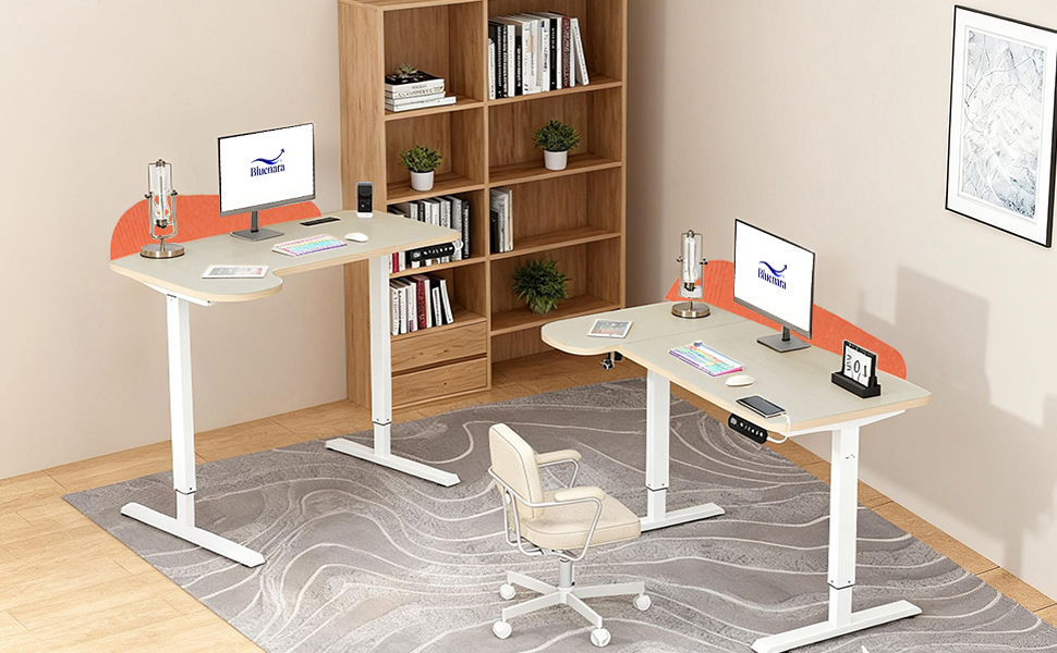 Електричний кутовий стіл з регулюванням висоти 150 см, L-подібний, з 4-ма пам'ятями, з'єднувальна панель, для дому та офісу (150x68 см, темно-коричневий-помаранчевий)