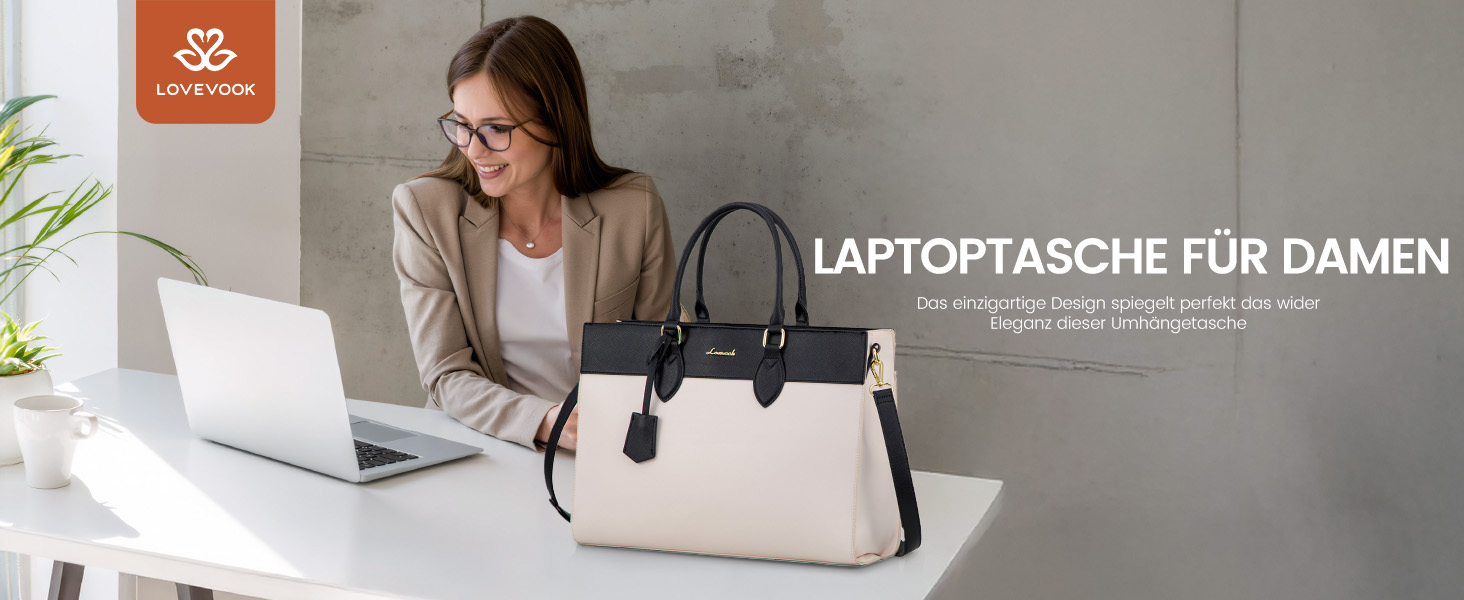 Сумка для ноутбука LOVEVOOK 15.6 дюймів, велика робоча сумка, водонепроникна сумка з PU шкіри, сумка-шоппер, акцентна сумка, сумка для навчання, сумка через плече для бізнесу, роботи, університету, школи (Бежево-чорна, M)