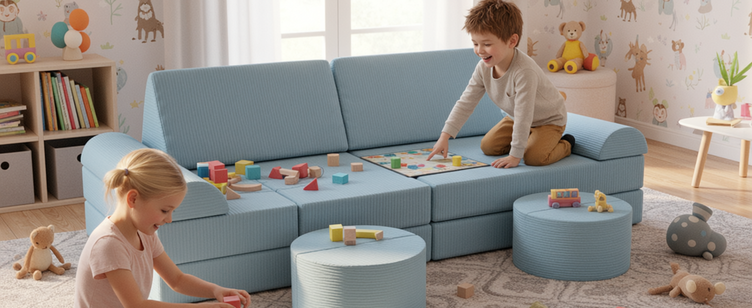 Дитяче ігрове диван-конструктор MAMIZO Cord, 15 елементів, блакитний. Модульний диван для гри та відпочинку, сертифікат Oeko-Tex