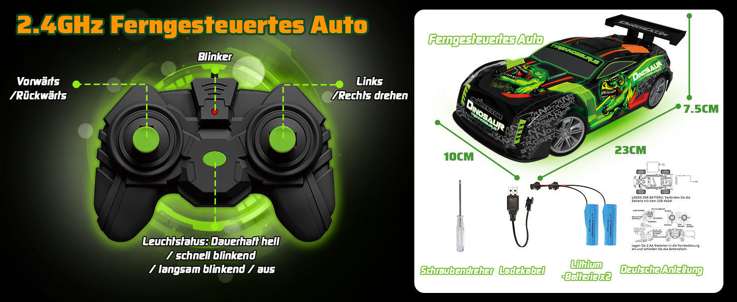 Радіокерований Monstertruck 1:20 2.4GHz Динозавр - швидкість 20 км/год, LED, Музика, для хлопчиків та дівчаток від 3 років