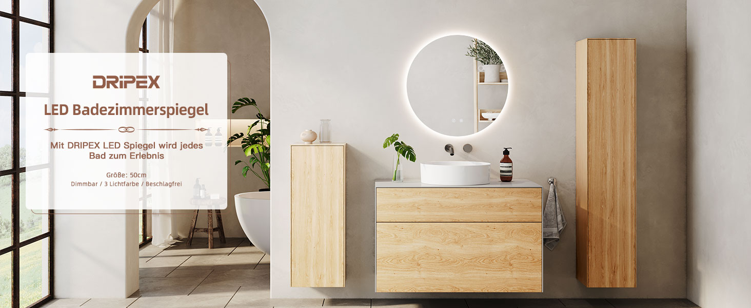 Дзеркало для ванної кімнати Dripex з LED-підсвічуванням, сенсорне керування, регулювання яскравості, 3 кольори світла, антизапар, 80x80 см (кругле, 50x50 см)