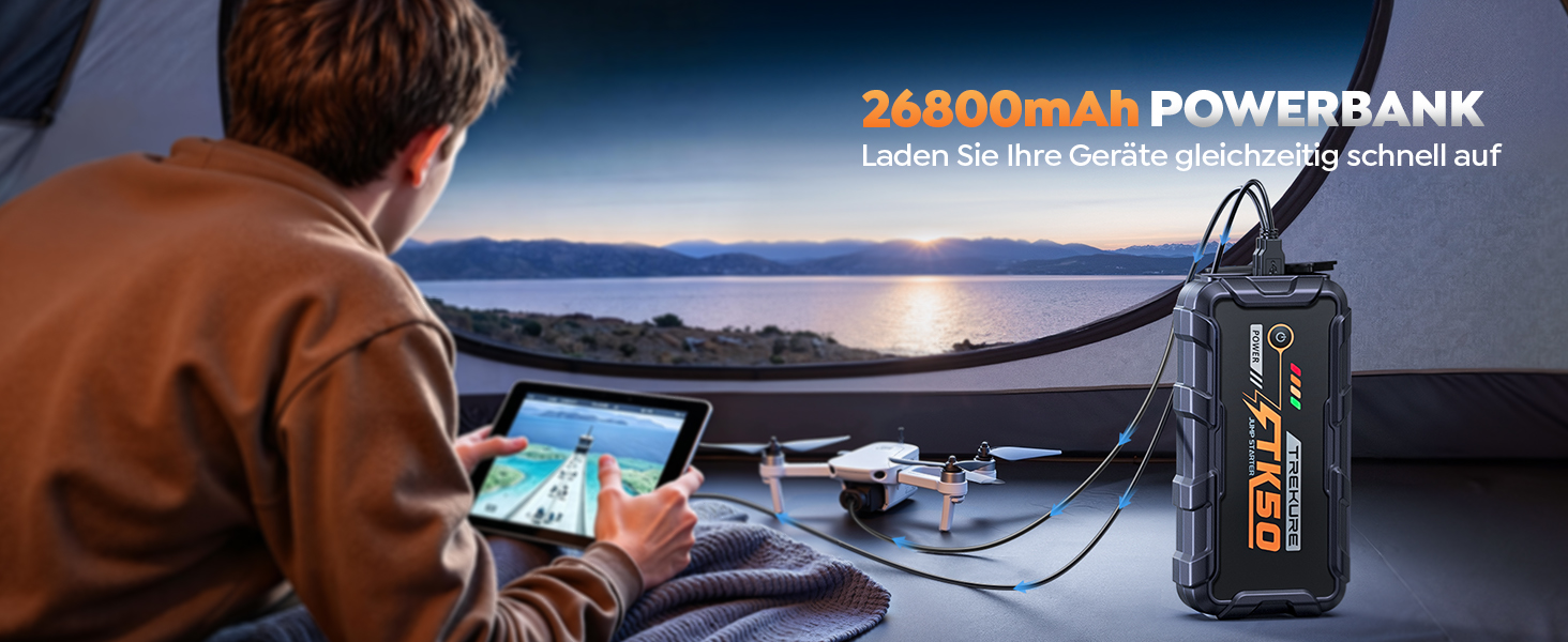 Бустер для автомобіля Starthilfe Powerbank 9000A 26800mAh — Пусковий пристрій для бензинових та дизельних двигунів (до 12.0L), 12V з ліхтарем 800 Лм та USB-портами, сіро-блакитний