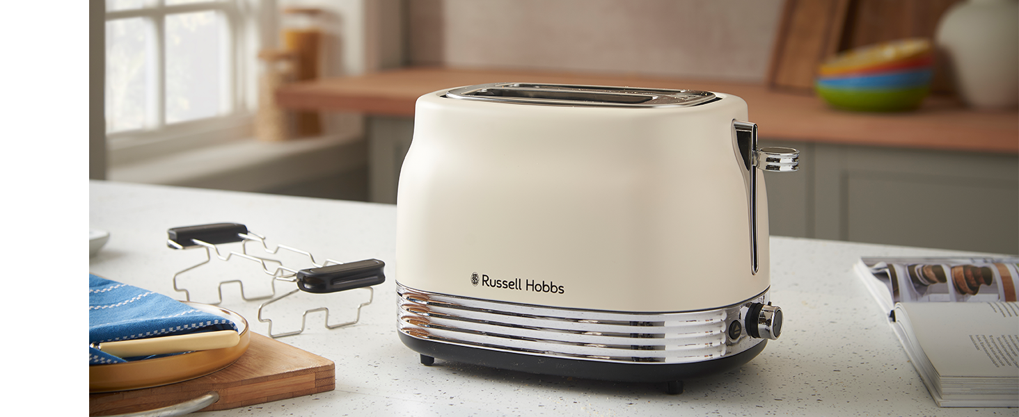 Тостер Russell Hobbs Hanley Crème-Weiß на 2 тости, 6 режимів, розморожування, підігрів, підставка для булочок