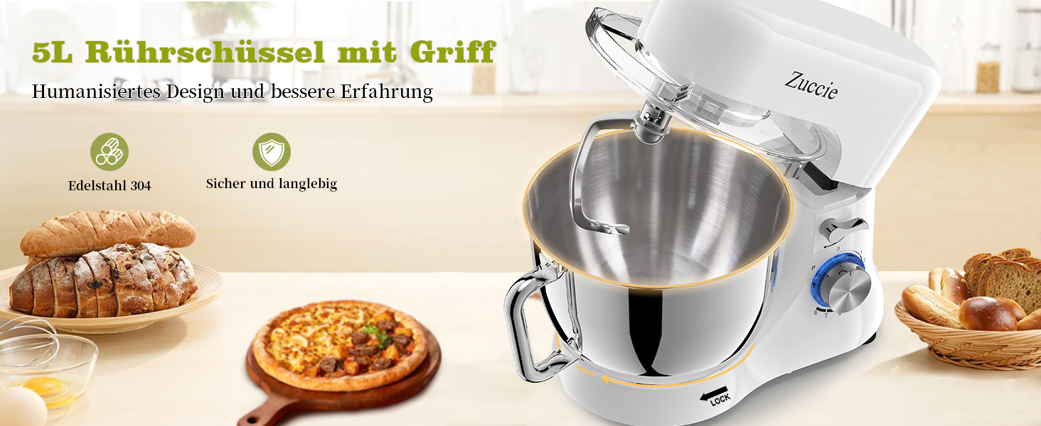 Кухонна машина Zuccie з тихою роботою, місткістю 5л, з нержавіючою чашею, 3 насадки, сплітц-захист, скребок для тіста та роздільник яєць, 8+ швидкостей.