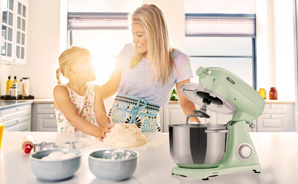 Кухонна машина Arebos Retro 1800W з чашею 6L з нержавіючої сталі | Кухонний міксер з 6 насадками (для тіста, збивання, збивання) та захистом від бризок